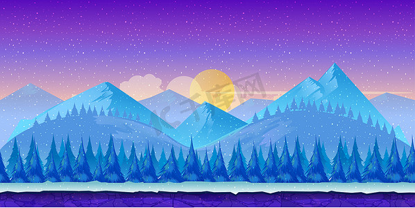 卡通冬季景观与冰、 雪和多云的天空。自然背景的游戏.