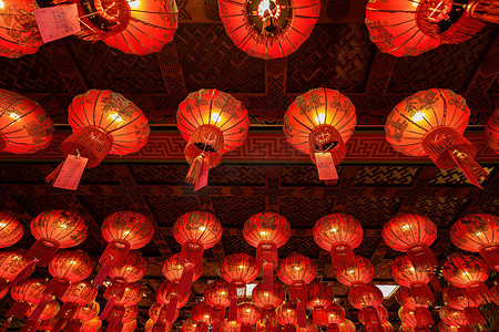 Bangkok, Thailand - December, 20, 2021 : Red Lanterns with chinese text mean 