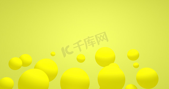 抽象黄色背景，动态三维球体。黄色和橙色气球.