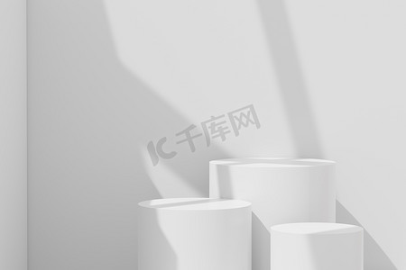 3D抽象背景的白色讲台，用于产品展示和品牌广告的阴影窗口和屋顶。真空如也.