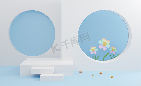 白色的舞台讲台上空荡荡的蓝色粉刷的花朵。夏季装饰概念，抽象展示背景，3D插图或3D渲染