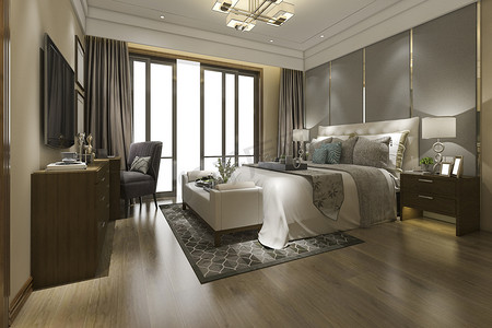 3d 渲染美丽的豪华卧室套房在酒店与电视