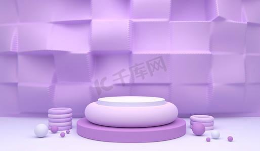 3D Rendering Illustration mockup scene of white rounded podium isolated on purple geometric wall background, can be used for product display, presentation, advertising, etc.