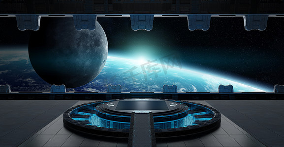 or元素摄影照片_巨大的蓝着陆带太空船内部3d 渲染元素由 Nasa 提供