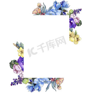水彩五颜六色的花束热带花。花卉植物花。框边框装饰广场。背景、质地、包装图案、框架或边框的水彩画野花.