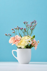 蓝色背景的白色杯子中的美丽的小花