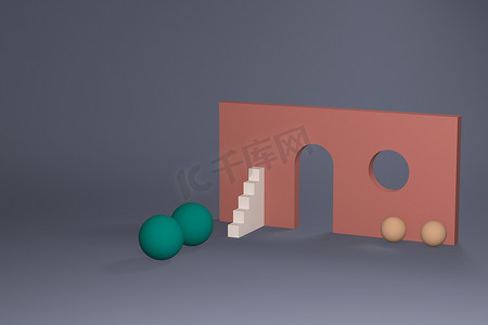 抽象3D渲染元素球体和带有圆形门窗的墙壁