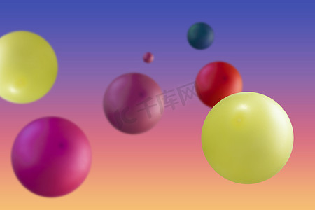 paints摄影照片_Multicolored balloons in the air. Creative image of colorful balloons floating in the studio. Abstract multicolored spheres on a multicolored background. Abstraction of paints.
