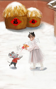 老鼠举牌子摄影照片_可爱的小女孩拿着葫芦