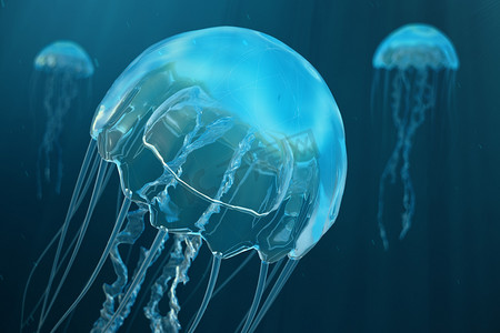 3d. 水母的插图背景。水母在海洋中游泳, 光线穿过水, 产生体积射线的效果。危险蓝水母