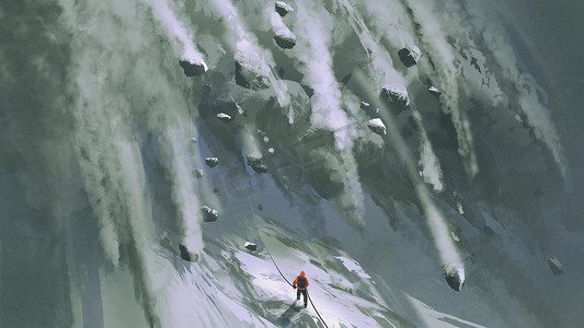修仙场景摄影照片_登山者的场景人和雪岩迅速下降下来的山坡, 数字艺术风格, 插图绘画