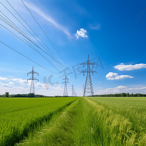 平坦摄影照片_平坦的绿色农业景观中的高压线和电力塔4