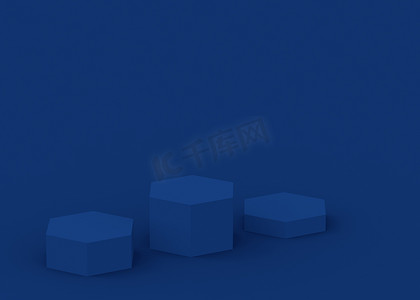 3D蓝暗六边形讲台最小工作室背景。3D几何图形对象图形渲染。在线业务和技术产品的显示.