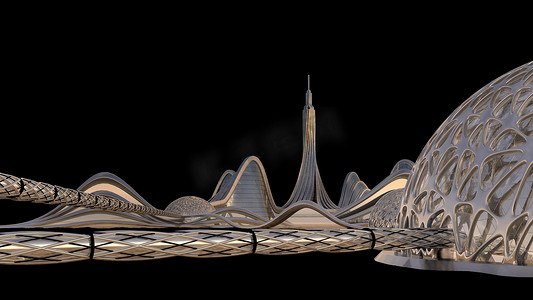 城市天际线3D渲染与未来的金属建筑，隔离在黑色与剪贴路径包括在文件中的空间探索背景和科幻图形