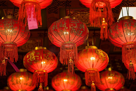 good摄影照片_Bangkok, Thailand - December, 20, 2021 : Red Lanterns with chinese text mean 