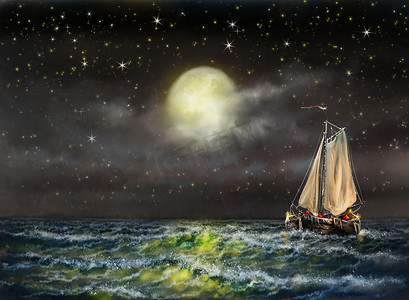数码油画海景、渔船、夜空中的老船、月亮上的船