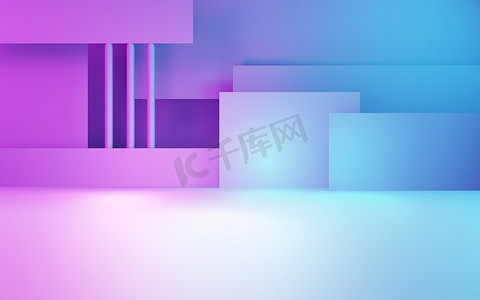 紫色和蓝色抽象几何背景的3D渲染。网络朋克的概念。广告、科技、展示、横幅、化妆品、时尚、商业等领域的舞台.Sci-Fi Illustration 。产品展示