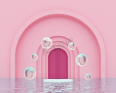 3D渲染浮台和水滴在蓝色的大海之上，在粉红色拱门前面。最小浅蓝色的方案。润肤霜化妆品概念.