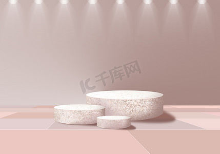White stone group podium. Cosmetic display product stand on brown and beige background. 3D rendering
