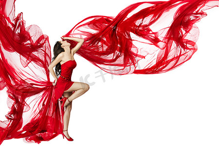 Woman Red Dress Flying on Wind Flow Dancing on White, Fashion Model