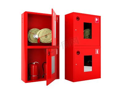 灭火器摄影照片_红色的消防软管和白色背景上的灭火器柜
