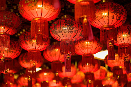 Bangkok, Thailand - December, 20, 2021 : Red Lanterns with chinese text mean 