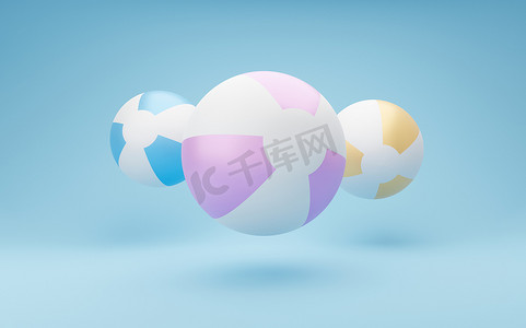 3D三个海滩球的例子。最小的概念与复制空间。夏季米色背景与充气海滩球，最小3D插图渲染
