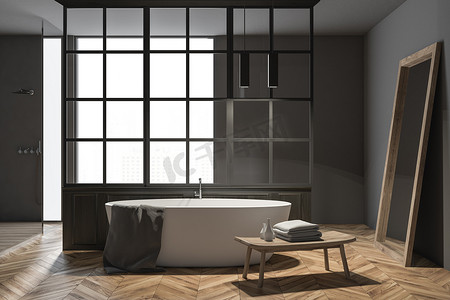 灰色墙壁浴室内有一个木地板和一个白色的浴缸与镜子站在附近。一个双接收器和一个表3d 渲染模拟