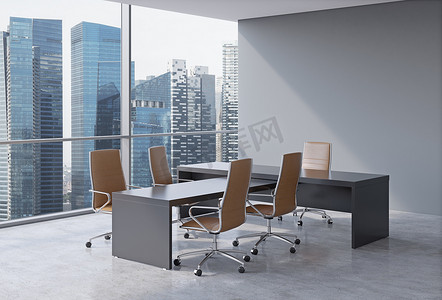 workplace摄影照片_Modern office interior with huge windows and skyscraper panoramic view. Brown leather on the chairs and a black table. A concept of CEO workplace. 3D rendering.