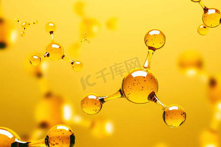 模糊黄色摄影照片_透明分子原子网格在黄色背景。科学, Dna, 生物技术的概念。3d 渲染模拟模糊