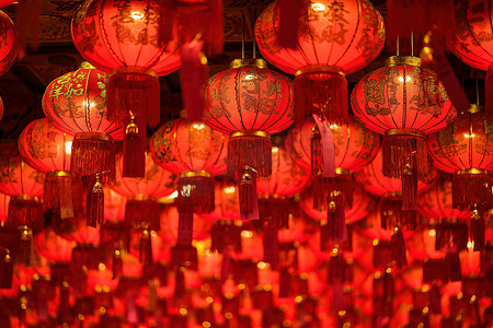 Bangkok, Thailand - December, 20, 2021 : Red Lanterns with chinese text mean 