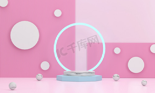 3D渲染。圆形大理石讲台，后面有一个戒指，用于放置商务物品。有一个可爱的粉色背景和大理石球在地面。产品、销售、横幅、展示、化妆品、服务的舞台模拟展示.