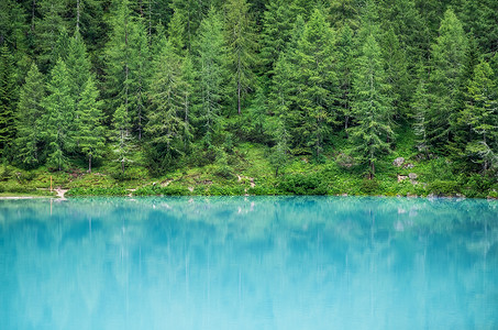 石湖摄影照片_意大利的白云石杀伤人员地雷森林和绿松石湖。Sorapis 湖在意大利。美丽的风景在夏天时间