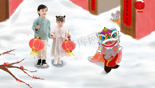 舞狮春节图片摄影照片_两个小朋友手牵手拿着红灯笼