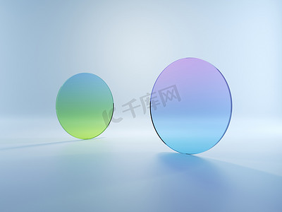 几何蓝紫摄影照片_三维渲染，抽象简单的几何形状孤立在白色背景。扁平的圆形玻璃杯,呈绿色蓝紫色梯度.现代最低概念