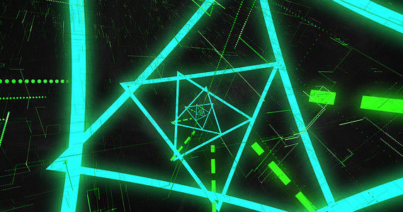 蓝色霓虹灯三角螺旋和绿点的图像和在黑色背景上移动的线条。运动、能量和连接背景概念数字生成的图像.