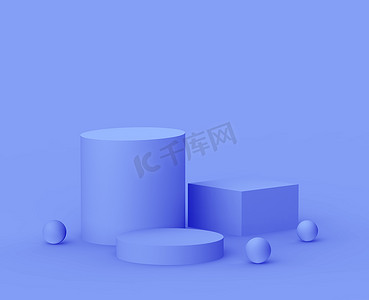 几何蓝紫摄影照片_3D皇家蓝紫色平台最小工作室背景。摘要三维几何形体图解绘制.化妆品及美容美发产品展示.