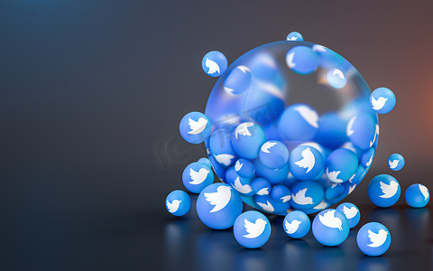 twitter符号抽象玻璃气泡图标背景社会横幅海报模板3D渲染