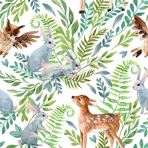 水彩画小鹿,猫头鹰,野草和花朵背景上的小兔子.林地无缝图案与可爱的动物。手绘自然图解，用于儿童保育设计、织物、纺织品
