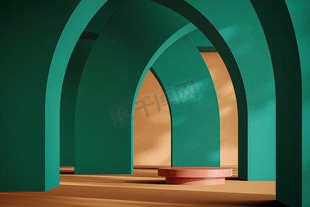 抽象拱门背景的布朗平台，产品演示的模拟场景，3D渲染