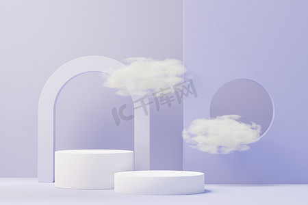 advertising摄影照片_3d render of Beauty podium with Very Peri color of the year 2022 design for product presentation and advertising. Minimal pastel sky and Dreamy land scene. Romance concept.