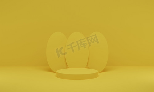 黄色圆筒摄影照片_3D渲染。黄色圆筒讲台最小工作室背景.空空间几何形状抽象平台.