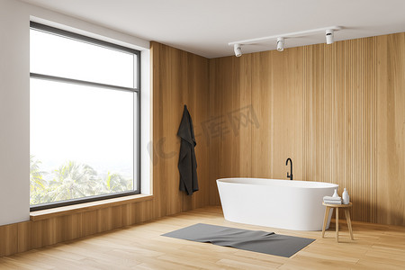 浴缸摄影照片_带浴缸的白色和木制浴室角落