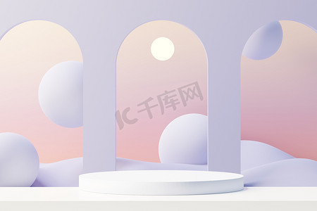 advertising摄影照片_3d render of Beauty podium with Very Peri color of the year 2022 design for product presentation and advertising. Minimal pastel sky and Dreamy land scene. Romance concept.