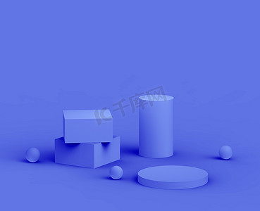 蓝紫炫光摄影照片_3D皇家蓝紫色平台最小工作室背景。摘要三维几何形体图解绘制.化妆品及美容美发产品展示.
