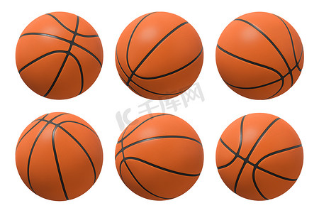 篮球3d摄影照片_3d 在白色背景下以不同角度显示的六个篮球的渲染.