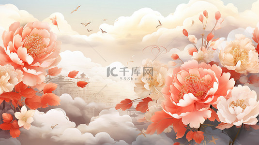 花朵国风背景图片_中国风金色云朵牡丹花12
