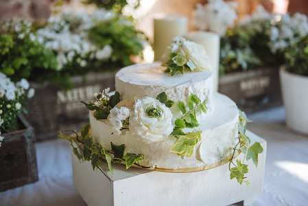 婚礼蛋糕白色小花在绿叶上放在桌子上, candlesflowers 在盒子里结婚餐桌装饰