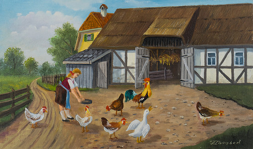 油画-妇女饲料一碗自由范围的鸡在农场