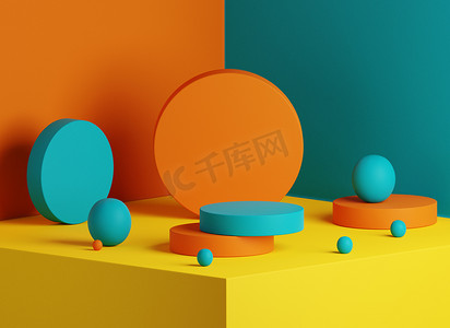 cosmetic摄影照片_Minimal abstract geometric composition background for product display in bright unique color palette. 3d render mockup for luxury beauty and cosmetic product. Summer podium stage stage.